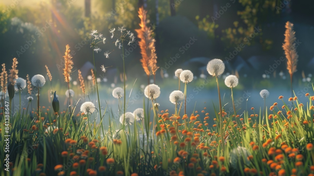 Wall mural dandelions and horsetails in a spring setting - Wall murals
