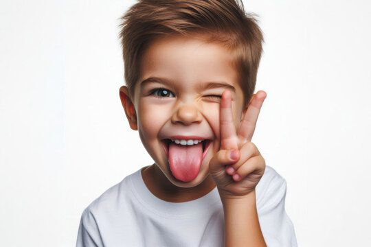 Funny child with tongue out and winking Isolated on white background