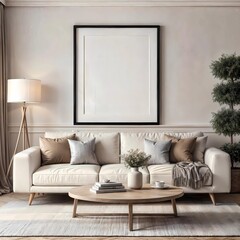 Mockup poster frame on the wall of modern beige tone living room
