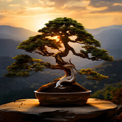 Large scale informal upright Juniper bonsai with a mountain background, detail the curves of the branches and the bunching of the foliage