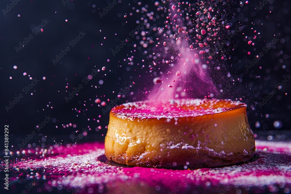 Canvas Prints Food photography, powerful explosion of pink powdered sugar on a caramel flan