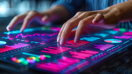 Naklejka premium A woman is using a tablet to type on a screen with many colorful graphs