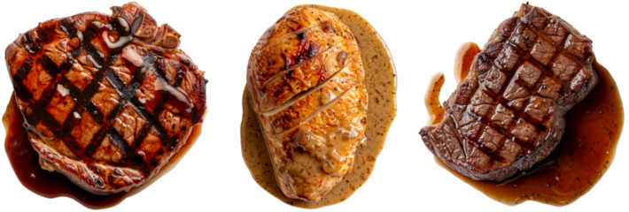 Collection of different juicy cooked meat types (pork, chicken and beef) in a creamy brown sauce isolated on a white background