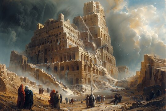 Tower of Babel: Multilingual chaos in towering structure - detailed illustration