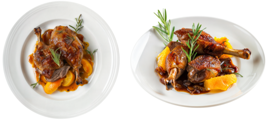 Roasted duck legs with a sweet and tangy orange sauce on a white plate, side and top view, isolated on a transparent background