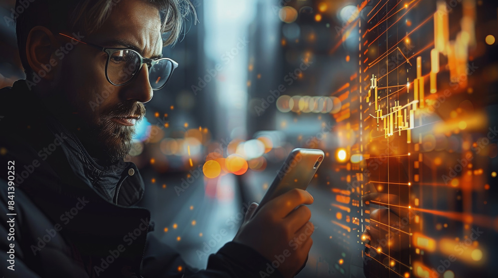 Aufkleber Website background image of a trader using an ai crypto trading bot on a mobile device cellular phone, trader, trading charts. Generative AI.