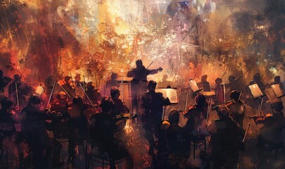 A painting of a large orchestra with a conductor