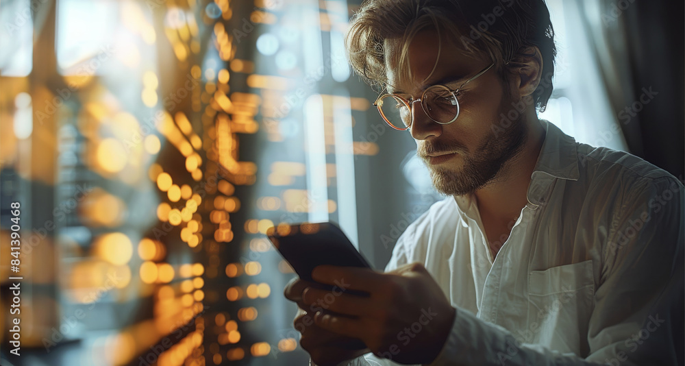 Poster Website background image of a trader using an ai crypto trading bot on a mobile device cellular phone, trader, trading charts. Generative AI.