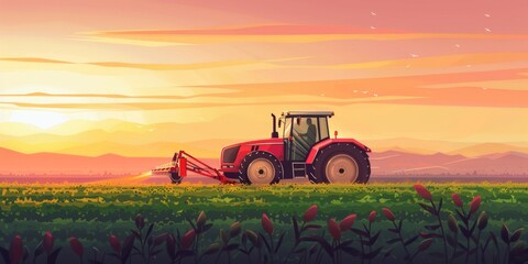 Fototapeta premium Sunset Harvest: Green Crops, Tractor, and Rainbow. Agriculture, Food Production, and Data Analytics Concept. 4K HD Wallpaper Background.