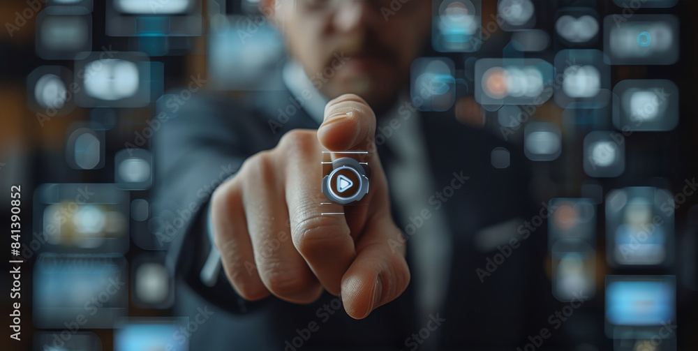 Poster businessman finger point to full frame game apps hud design, front view. generative ai.