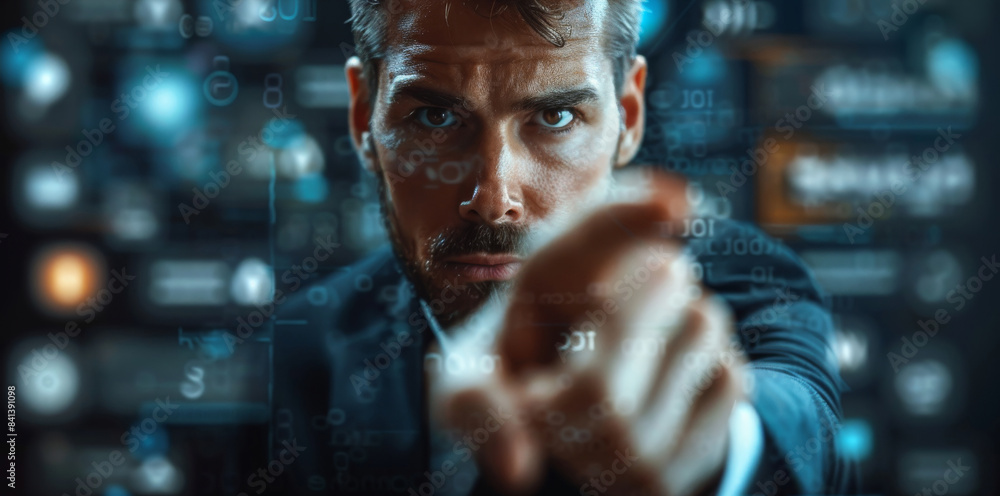 Aufkleber businessman finger point to full frame game apps hud design, front view. generative ai.