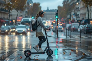 Obraz premium Young beautiful girl riding an electric scooter in the summer on the street