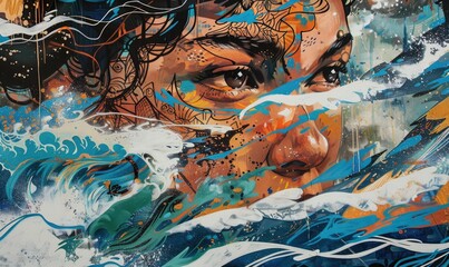 Abstract portrait of woman and ocean waves