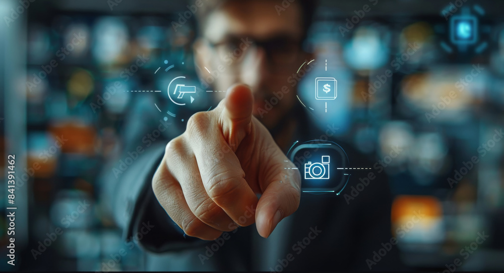Aufkleber businessman finger point to full frame game apps hud design, front view. generative ai.