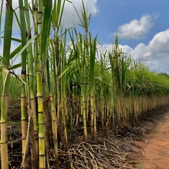 Fototapeta premium Sugar cane stalks with sugar cane plantation background