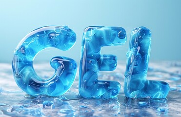 Writing gel printed on the wet glass on blue background skin moisturizing gel commercial