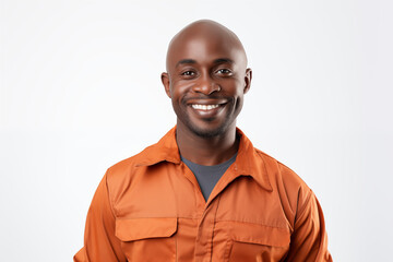 Obraz premium Smiling mechanic black man on a white background. Automotive professions. Job offer. Job Search. Machine repair professions. Black man. Africa. Afro american. Image for graphic designer. AI. 