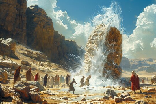 Moses Strikes Rock: Water Flows, Israelites Drink - Dynamic Desert Illustration