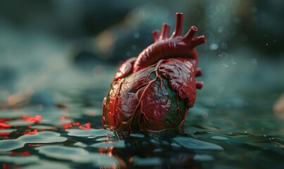 Realistic model of a human heart, floating in a pool of water with bioluminescent algae