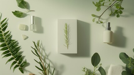 Elegant Cosmetic Arrangement with Natural Elements and Greenery on Light Background - Perfect for Skincare, Beauty, and Wellness Themes