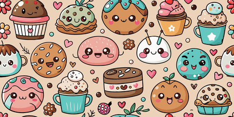 A hand-drawn illustration featuring various kawaii food items like cookies, cupcakes, and drinks with cute, expressive faces. The characters are surrounded by hearts and stars