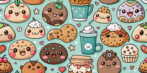 A hand-drawn illustration featuring various kawaii food items like cookies, cupcakes, and drinks with cute, expressive faces. The characters are surrounded by hearts and stars