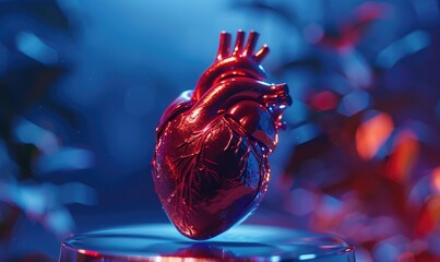 Realistic model of a human heart on a silver pedestal