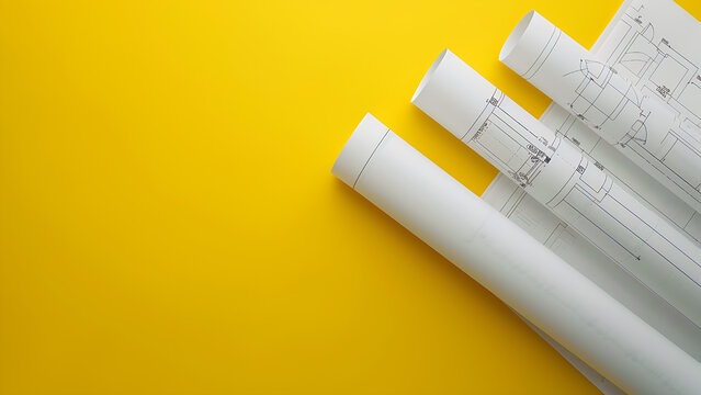 Rolled up architectural blueprint isolated on yellow background.
