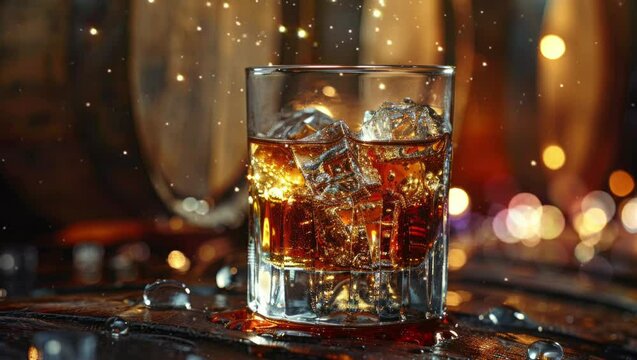single malt whiskey in glass, ice cubes catching the light, wooden barrels in backdrop