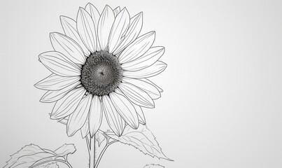 Fototapeta premium Black and white illustration of single sunflower on white background
