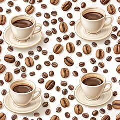 Obraz premium A seamless pattern featuring illustrated coffee cups with dark brown liquid and scattered coffee beans on a white background. Generative AI