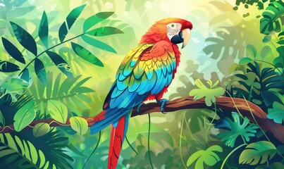A colorful parrot is perched on a branch in a lush green jungle
