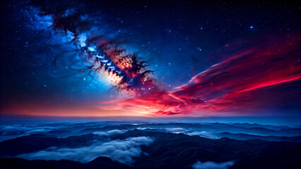 Obraz premium Alternative night sky: stars, Milky Way, galaxy, space, astronomy, clouds and nebulae, shades of red and blue, bright colors against the background of dark space