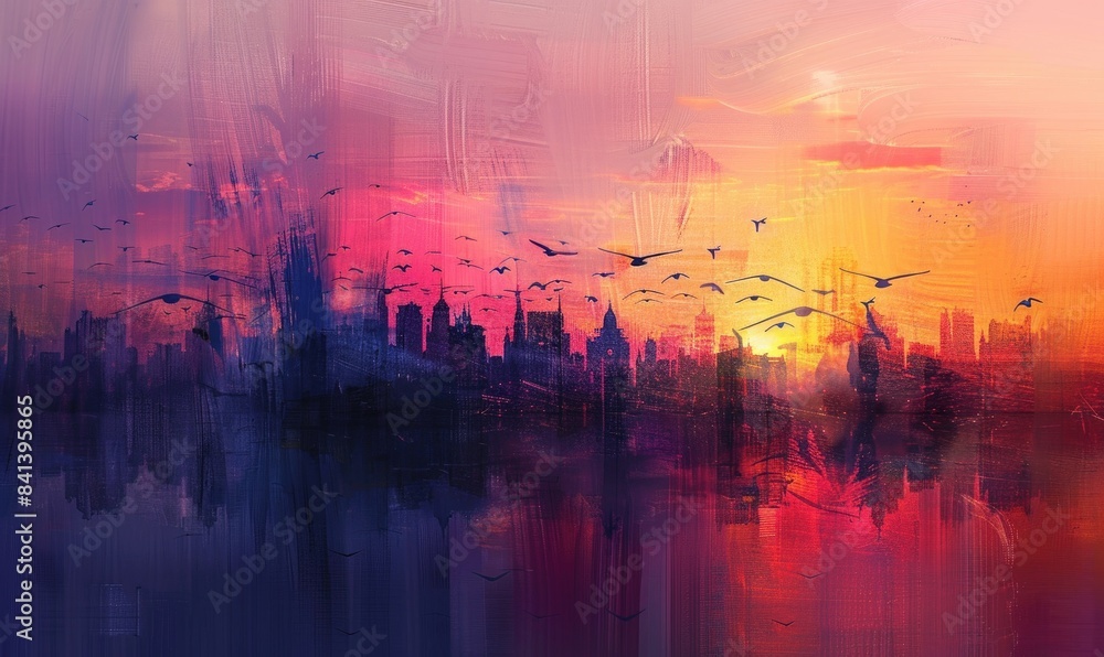 Wall mural A painting of a city skyline with a sunset in the background