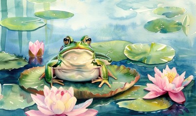 A frog is sitting on a lily pad in a pond