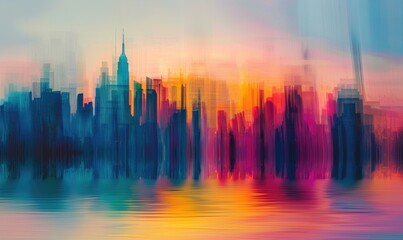 Fototapeta premium A painting of a city skyline with a large building in the middle