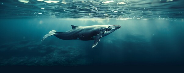 Obraz premium Whale in the ocean. Large aquatic mammal. Humpback whale, blue whale. Wild nature. Ocean fauna. Cetacean sea animal