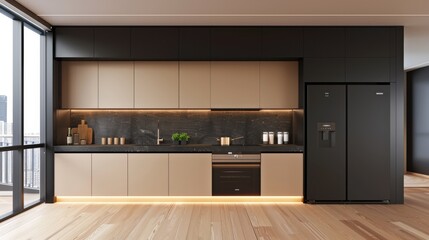 Elegant modern kitchen featuring black and beige colors, minimalist design, and contemporary appliances.