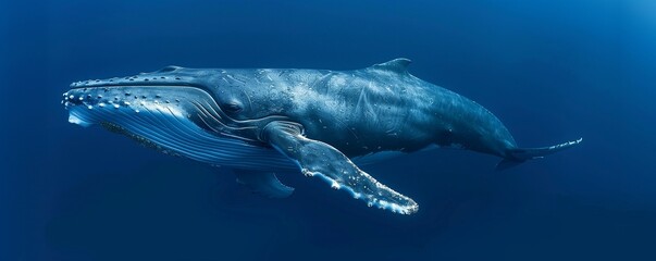 Fototapeta premium Whale in the ocean. Large aquatic mammal. Humpback whale, blue whale. Wild nature. Ocean fauna. Cetacean sea animal