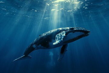 Fototapeta premium Whale in the ocean. Large aquatic mammal. Humpback whale, blue whale. Wild nature. Ocean fauna. Cetacean sea animal