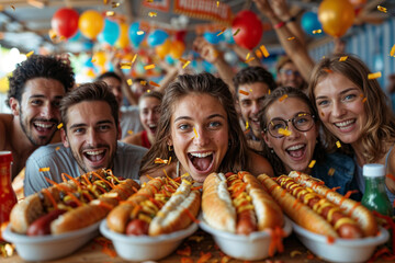 Excited friends celebrate with hot dogs at colorful party event. Festive hot dog day celebration.