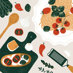 Italian food background. Bruschetta with a plate of pasta and other italian food elements. Vector illustration