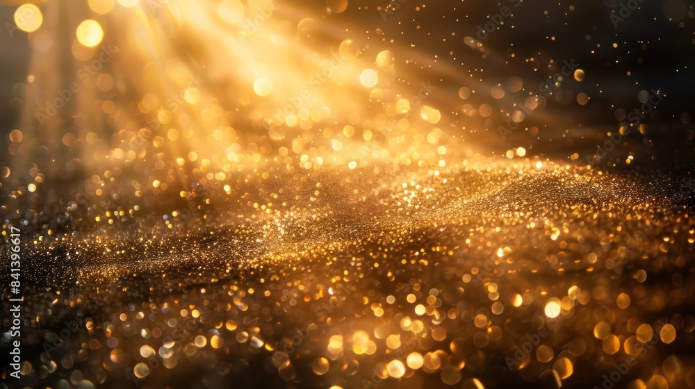 Poster a photo of gold dust particles dancing in a beam of sunlight, creating a magical and mystical atmosp