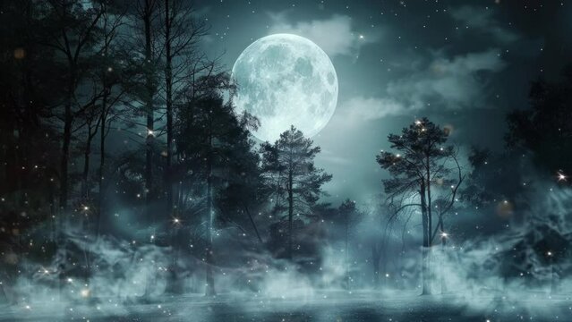 Autumn magical forest background with gigantic moon