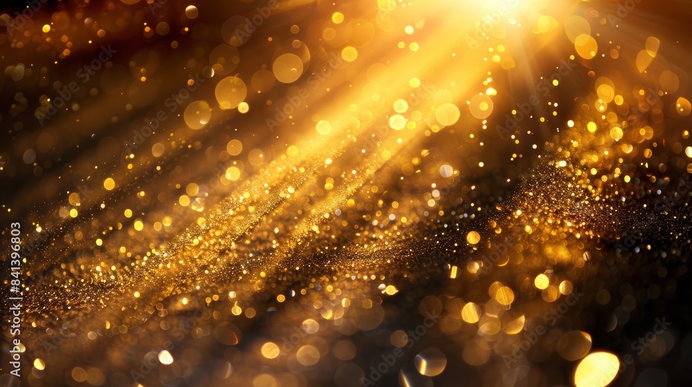 Poster a photo of gold dust particles dancing in a beam of sunlight, creating a magical and mystical atmosp