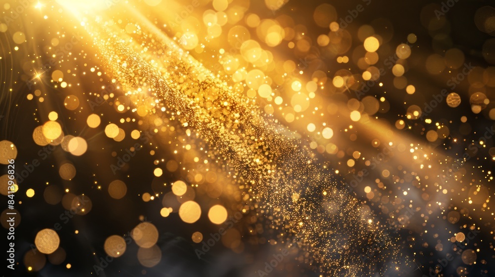 Poster a photo of gold dust particles dancing in a beam of sunlight, creating a magical and mystical atmosp