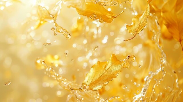 A photo of gold leaf flakes gently floating in a clear liquid, creating a shimmering and ethereal background.
