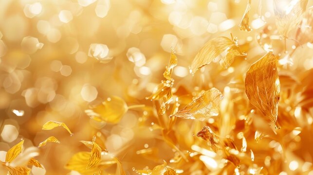 A photo of gold leaf flakes gently floating in a clear liquid, creating a shimmering and ethereal background.