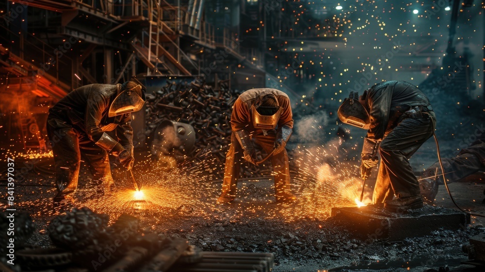 Poster a man in a black jacket is wearing a helmet and standing in front of a fire. concept of danger and r