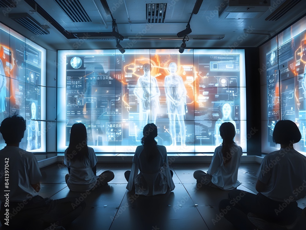 Poster futuristic virtual classroom with holographic student displays interactive education and learning se